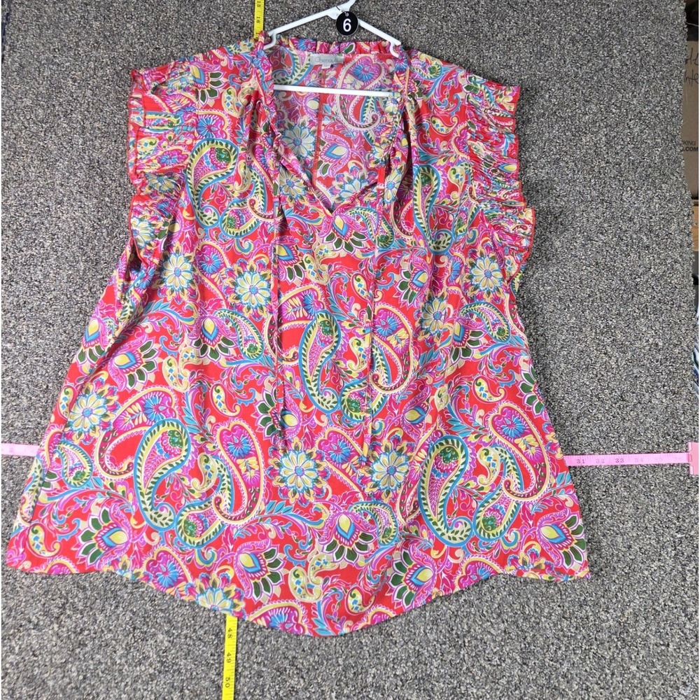 Chenault Blouse Womens 2X Pink Multi Paisley Ruffle Sleeve Tie Neck Top